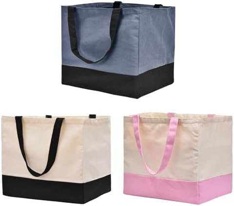 3 Pack Canvas Reusable Grocery Bags Heavy Duty（Blue + Pink + Black）, 8.3 gal Foldable Large Tote Bag with Handles, Holds 60 lbs Canvas Shopping Bags & Washable Eco-friendly Bags with 5 Pockets by CNaiyunpin