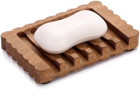 Jinei 1 Pcs Scalloped Wood Soap Dish 4.72 x 2.95 x 0.59 Inch Sapele Bar Soap Holder with Self Draining Non-Slip Point Design Sponge Saver for Shower Bathroom Kitchen by Jinei