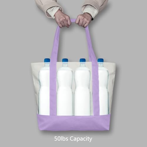 TOPDesign 1-Pack Canvas Tote Bag with an External Pocket, Reusable Grocery Shopping Bag, Top Zipper Closure, Daily Essentials (Lavender/Natural) - Image 6