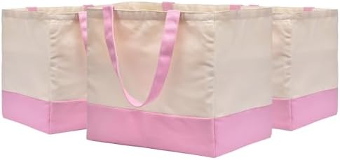 3 Pack Canvas Reusable Grocery Bags Heavy Duty, 8.3 gal Foldable Large Tote Bag with Handles, Holds 60 lbs Canvas Shopping Bags & Washable Eco-friendly Bags with 5 Pockets, Pink+Off white by CNaiyunpin