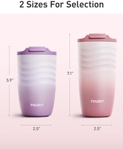 TOURIT 12 oz Travel Coffee Mug, Vacuum Insulated Stainless Steel Tumbler with Ripple-Wave Anti-Slip Grip, Built-in Silicone Bottom for Quiet & Stable, Leak-Proof Lid, Fits Car Cup Holder, Pink - Image 6