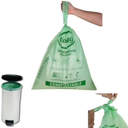 13 Gallon Compostable Drawstring Trash Bags by BioBag, 40 Count, BPI Certified, Meets ASTM D6400 Standards, Easy-Tie Kitchen Liners by BioBagAmericasInc