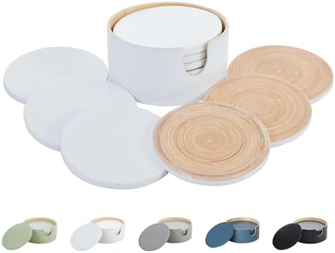 HABITAS Spun Bamboo Coaster Set - 6 White Round Coasters with Holder for Coffee Table - Modern, Sustainable, Handmade Bamboo Drink Coasters by HABITAAS