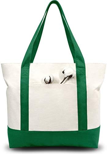 TOPDesign 6-Pack Canvas Tote Bags with an External Pocket, Reusable Grocery Shopping Bags, Top Zipper Closure, Daily Essentials (Green/Natural) by TOPDesign