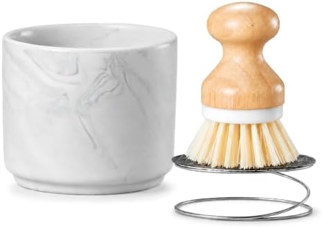 ONEMORE Bamboo Dish Brush with Ceramic Foaming Base, Kitchen Sink Scrub Brush Set with Spring and Mesh Insert, Wooden Handle Dishwashing Brush for Pots Pans Plates Bowls, Marble by ONEMORECeramics