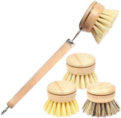 Bamboo Dish Brush, Bamboo Dish Brush with Handle, 4-in-1 Kitchen Cleaning Set – Includes 1 Sisal, 2 Sisal Replacement Heads, Coconut Fiber Replacement Head for Pots, Pans, Dishes.. by Unknown