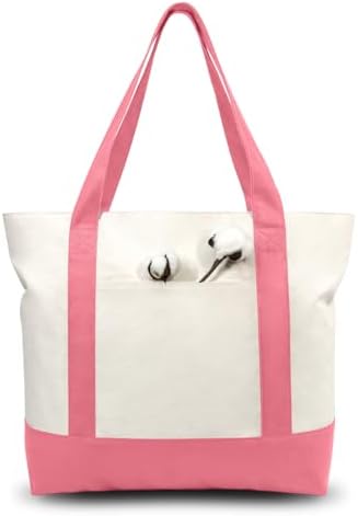 TOPDesign 6-Pack Canvas Tote Bags with an External Pocket, Reusable Grocery Shopping Bags, Top Zipper Closure, Daily Essentials (Rose Pink/Natural) by TOPDesign