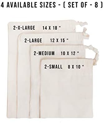 Reusable Produce Bags Set of 8 – 100% Organic Cotton Mesh & Muslin Produce Bags for Fruits and Vegetables, Washable Reusable Grocery Bags, Food Storage Bags, Vegetable Bags (2 XL, 2 L, 2 M, 2 S) - Image 6