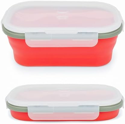 1000ml Collapsible Bento Lunch Box - Silicone Food Storage Container, Foldable Food Container with 2-in-1 Spoon Spork and Airtight Lid, Microwave Safe, Red by Lunbengo