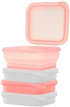 BYOB Collapsible Silicone Food Containers with Attached Lids – Reusable To-Go & Leftover Containers, Platinum Silicone, Leak-Resistant – 4 Pack (White/Pink) by BYOB