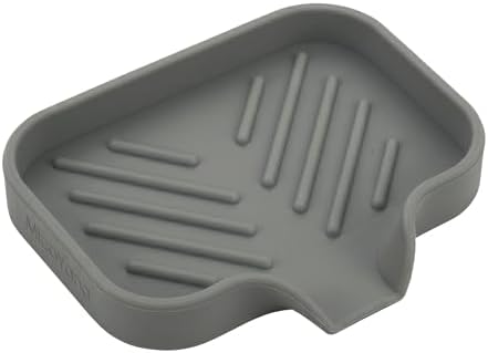 MicoYang Silicone Soap Dish with Drain Spout, Self-Draining Sink Organizer Tray for Bathroom and Kitchen, Sponges, Dispensers and Soap Holder, Non-Slip and Dishwasher Safe, Grey (Compact, 4.9"×3.2") by MicoYang