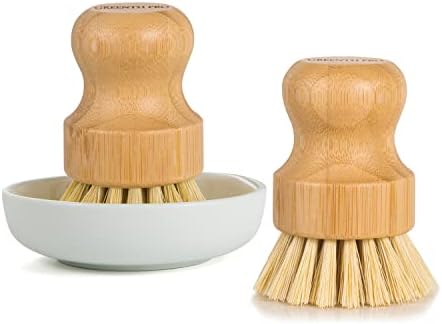 GREENTH PRO Bamboo Dish Brush-2 Pack Nature Sisal Scrubber Brush with Ceramics Holder-Wooden Brush for Pot,Dish and Vegetables by GREENTHPRO