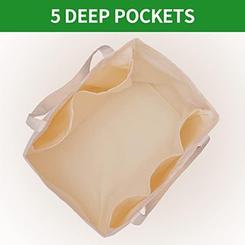 3 Pack Heavy Duty Reusable Canvas Grocery Bags, Holds 60 lbs, 8.3 gal Multi-Purpose Washable Grocery Bags with 5 Pockets, Off White - Image 4