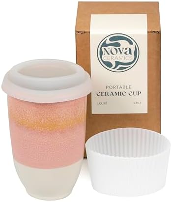 NOVA CERAMICS Travel Mug - Travel Coffee Mug – Iced Coffee Cup Unique to Go Mug – Microwave & Dishwasher Safe Coffee Pink Tumbler - Gifts for Women Men Him Her – 12oz – Afterglow by NovaCeramics
