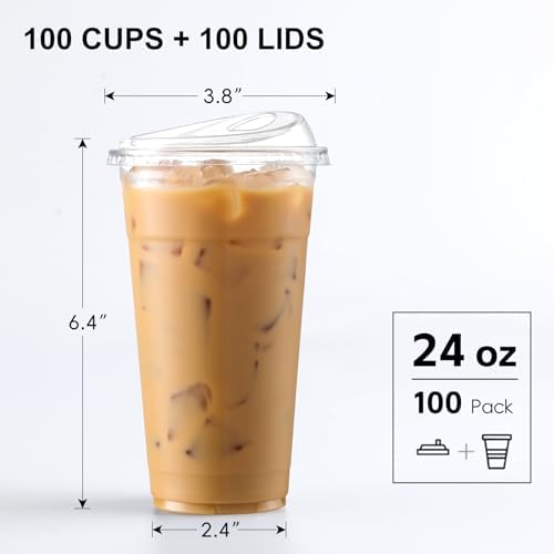 AOZITA 100 Pack 24 oz Disposable Plastic Cups With Strawless Sip-Lids, Clear Plastic Iced Coffee Cups Go for Drinks, Bubble Tea, Cold Beverage - BPA Free - Image 2