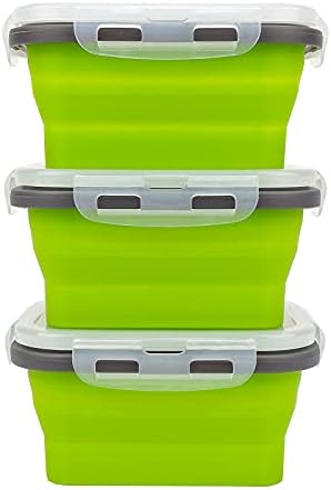 CCyanzi 3piece Collapsible Food Storage Containers with Lids, Silicone Lunch Container, Microwave & Freezer Safe, Space Saving for Kitchen Cabinet and Camping Backpack,(green gray) - Image 2