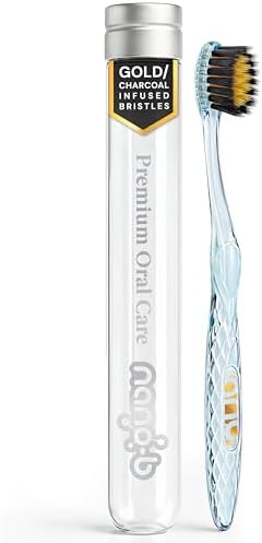 Nano-b Manual Toothbrush for Adults with Sensitive Gums, Gold & Charcoal Soft/Medium Bristles, Travel Case, Blue by Nano-bPremiumOralCare