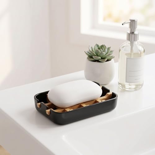 Bamboo Fiber Soap Holder and Soap Dish Combination, Removable Drainage Rack Bar Soap Tray for Bathroom Sink Deck, Bathtub, Shower & Kitchen (Black, 1 Pack) - Image 5