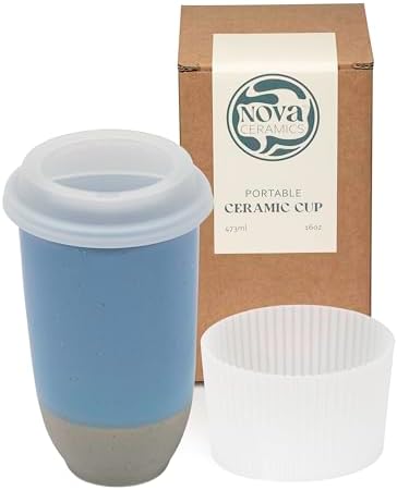 NOVA CERAMICS Travel Mug - Ceramic Coffee Mug With Lid – Microwave & Dishwasher Safe Coffee White & Grey Tumbler - Fits In Cup Holder – 16oz – Coastal Drift by NovaCeramics