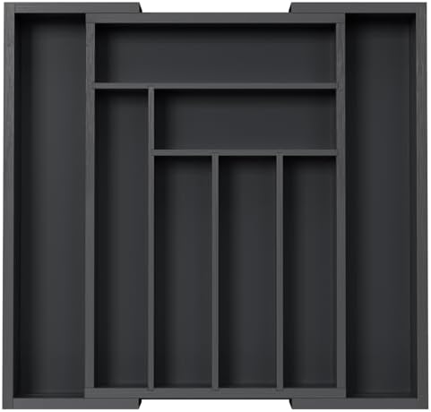 Pipishell Bamboo Expandable Drawer Organizer for Utensils Holder, Adjustable Cutlery Tray, Wood Drawer Dividers Organizer for Silverware, Flatware, Knives in Kitchen, Bedroom, Living Room(M-Black) by Pipishell