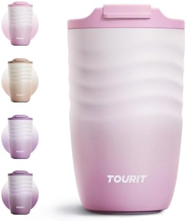 TOURIT 12 oz Travel Coffee Mug, Vacuum Insulated Stainless Steel Tumbler with Ripple-Wave Anti-Slip Grip, Built-in Silicone Bottom for Quiet & Stable, Leak-Proof Lid, Fits Car Cup Holder, Pink by TOURIT