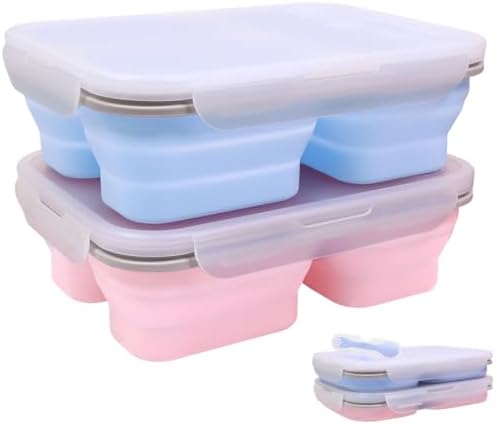 2 Pack Big Collapsible Silicone Bento Lunch Boxes With Lids spoons forks,3 Compartments, Divided Lunch Food Storage Containers, Safe in Microwave, Dishwasher and Freezer, 45.6oz, (Pink+Blue) by FUSMYE