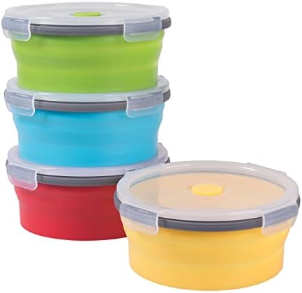 Collapsible Food Storage Containers with Airtight Lid, 27 oz, Kitchen Stacking Silicone Collapsible Meal Prep Container Set for Leftover, Microwave Freezer Dishwasher Safe, 4 Colors Round, Set of 4 by Annaklin
