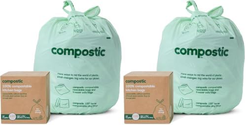 Compostic Compostable Trash Bags, 13 Gallon Tall Kitchen (100 Count) Bulk Pack — Extra Strong, Home Compostable, Plant-Based, Non-Toxic, Unscented Garbage Bags (Pack of 2) by COMPOSTIC