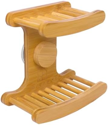 Suction Cup Soap Dish for Shower，Bamboo Soap Dish Holder for Shower, Suction Cup NO-Drilling, Self Draining for Bathroom，Natural Bamboo Color (Double soap Holder, Rectangular) by ForestManor