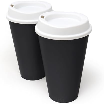 Rolling Sands USA Made 16 oz Reusable Coffee Cups with Lids 2 Pk, To Go Travel Cups, Hot or Cold Drinks, Dishwasher and Microwave Safe, Black Cups, White Lids by RollingSands