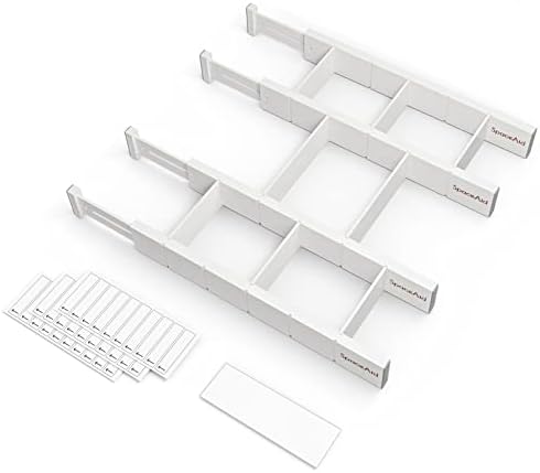 SpaceAid Bamboo Drawer Dividers with Inserts and Labels, Kitchen Adjustable Drawer Organizers, Expandable Organization for Home, Office, Dressers, 4 Dividers with 9 Inserts (17"-22" White) by SpaceAid