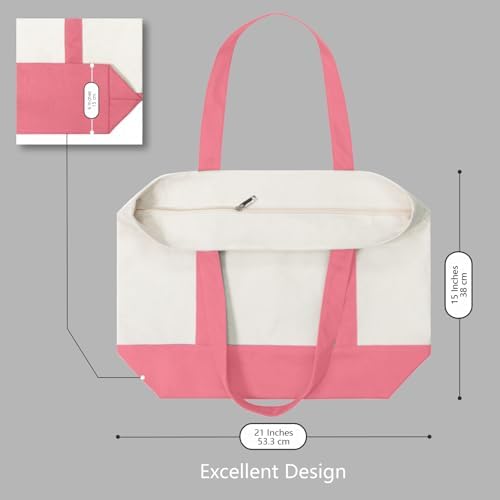 TOPDesign 3-Pack Canvas Tote Bags with an External Pocket, Reusable Grocery Shopping Bags, Top Zipper Closure, Daily Essentials (Rose Pink/Natural) - Image 5