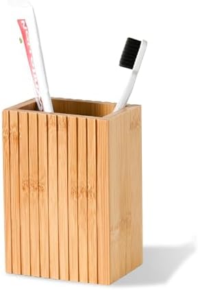 Fluted Bamboo Toothbrush Holder, Square Minimal Design by YURIAERY