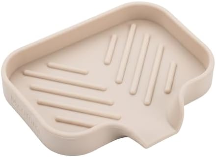 MicoYang Silicone Soap Dish with Drain Spout, Self-Draining Sink Organizer Tray for Bathroom and Kitchen, Sponges, Dispensers and Soap Holder, Non-Slip & Dishwasher Safe, Tapioca (Compact, 4.9"×3.2") by MicoYang