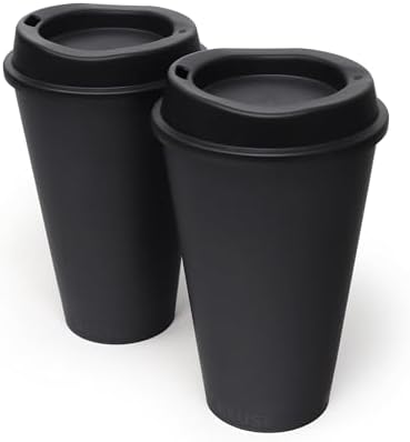 Rolling Sands USA Made 16 oz Reusable Coffee Cups with Lids 2 Pk, To Go Travel Cups, Hot or Cold Drinks, Dishwasher and Microwave Safe, Black by RollingSands