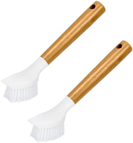 CELOX 2 Pack Bamboo Dish Brush with Handle Kitchen Scrub Brush, Dish Scrubber - Perfect for Dish Washing, Vegetable, Grill Cleaning by CELOX