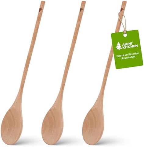AIUHI Wooden Spoons for Cooking, 3Pcs 12 Inch Wooden Cooking Oval Spoon, Long Handle Beech Wood Serving Spoon for Mixing, Stirring and Eating by AIUHI