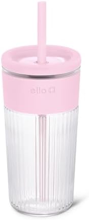 Ello Ava 18oz Glass Tumbler with Straw and Lid for Iced Coffee,Pink Orchard by Ello