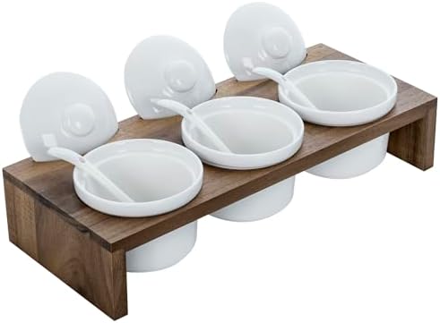 MyGift 10 Pcs Condiment Pot Serving Dish Set, Hosting Essentials, Premium Acacia Solid Wood Raised Display Server Tray and 3 Ceramic Ramekin Dip Bowls with Lids and Spoons - Image 4