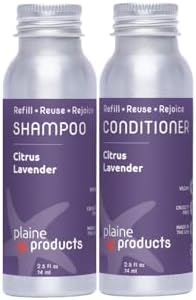 Plaine Products Eco-Friendly Travel Size Shampoo and Conditioner - Citrus Lavender - Paraben/Sulfate/Phthalate Free, 2.5oz Refillable Aluminum Bottles by PlaineProducts