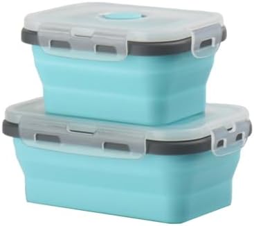 2 Pcs Collapsible Silicone Bowls with Lids, 500ml & 800ml Rectangular Foldable Food Storage Containers, Reusable Meal Prep Bowls, Microwave Freezer Safe, Ideal RV Camping Travel Accessories,Blue by ABSOK
