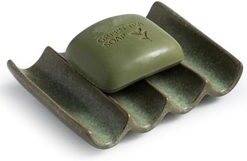 Draining Ceramic Soap Dish - Fluted Design, Bar Soap Holder for Shower & Bathroom, Soap Saver Sponge Lift, Green by Cormomu