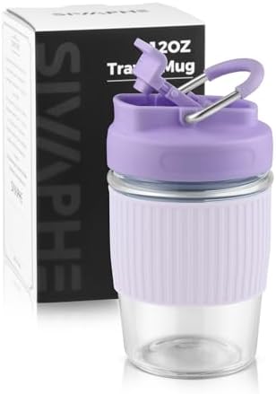 Sivaphe Reusable Glass Ice Hot Coffee Cup 12 oz, Portable Travel Mug with Spill-Proof Lid and Thermal Sleeve for Home Office Purple by Sivaphe