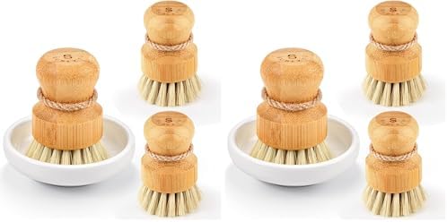 Bamboo Dish Scrub Brushes,Kitchen Wooden Cleaning Scrubbers Set for Washing Cast Iron Pan/Pot, Natural Sisal Bristles, Set of 3 (Pack of 2) by SUBEKYU