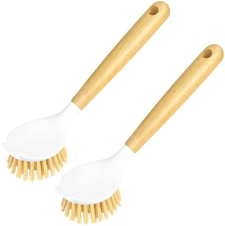 2 Pack Kitchen Scrub Brushes for Cleaning Dish Brush with Handle for Pans, Pots, Kitchen Sink Cleaning Scrub Brushes (Wooden Handle) by yuntop