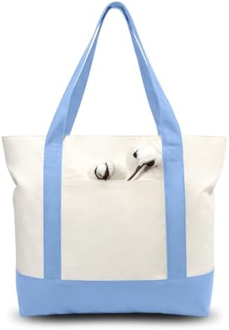 TOPDesign 3-Pack Canvas Tote Bags with an External Pocket, Reusable Grocery Shopping Bags, Top Zipper Closure, Daily Essentials (Light Blue/Natural) by TOPDesign