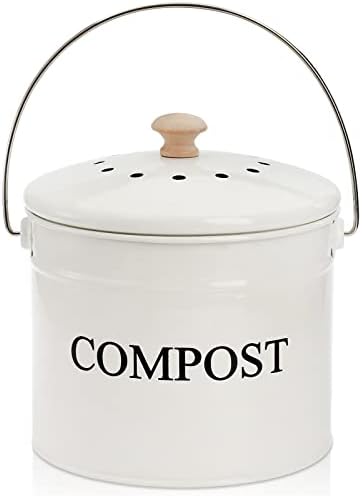AVLA Compost Bin Kitchen Countertop, 1 Gallon Composter Pail, Food Waste Composting Bucket, Odorless Trash Keeper Container, White Scraps Caddy with Charcoal Filter, Carrying Handle, Lid by AVLA