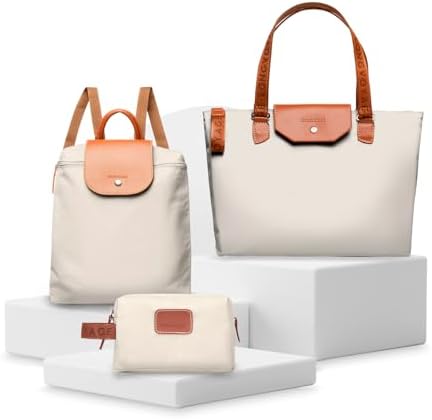 Longvoyage Bonne Vivante 3-Piece Travel Bag Set, Roll-Up Backpack, Large Waterproof Bag & Cosmetic Case, Matching Travel Accessories, Bone by LONGVOYAGE