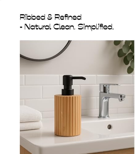 Ribbed Bamboo Soap Dispenser, Natural Finish Black Pump 7 oz - Image 5