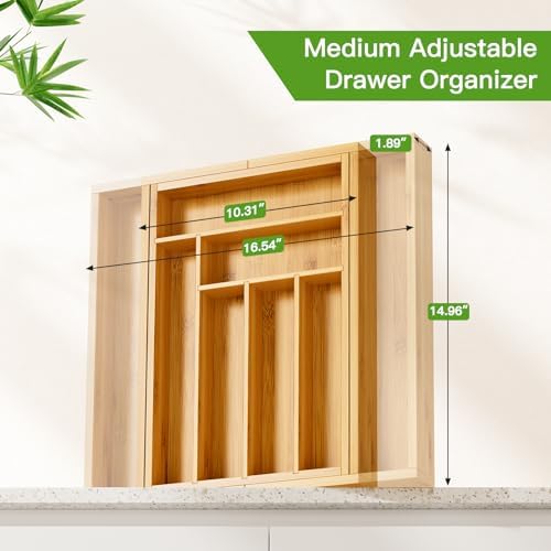 Pipishell Bamboo Expandable Drawer Organizer for Utensils Holder, Adjustable Cutlery Tray, Wood Drawer Dividers Organizer for Silverware, Flatware, Knives in Kitchen, Bedroom, Living Room(M-N) - Image 2